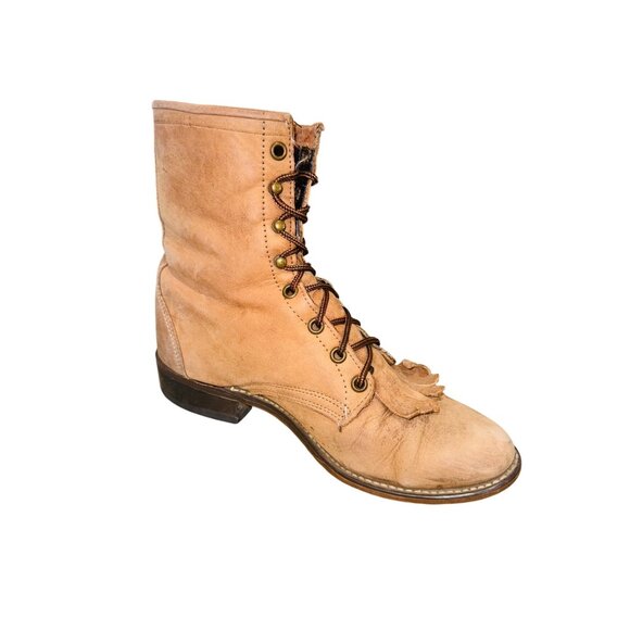 Laredo Womens Tan Leather Lace-Up Fringe Western Cottage Core Cowgirl Boots 8M - Picture 6 of 9